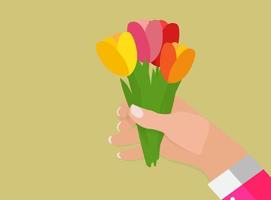 La mano del hombre sostiene flores de tulipán de primavera en la ilustración de vector de maceta