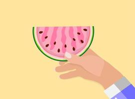 Man's naturalistic hand holds piece of delicious watermelon. Vector Illustration