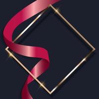 Pink Ribbon and Golden Frame on Dark Background. Vector Illustration