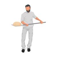 un hombre que sostiene el pan en la pala de la panadería. panificadora para hacer pan. ilustración vectorial vector