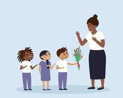 Children give flowers to their teacher or educator vector