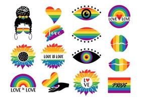 Colorful LGBTQ pride symbols set with flag, rainbow, hearts, lips, eyes, sunflower, quotes, woman isolated on white background. Vector flat illustration. Design for banner, poster, greeting card