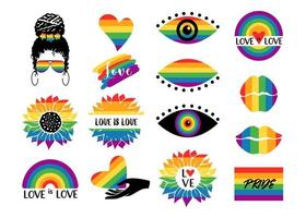 coloridos símbolos de orgullo lgbtq con bandera, arco iris, corazones, labios, ojos, girasol, citas, mujer aislada sobre fondo blanco. vector ilustración plana. diseño de pancarta, póster, tarjeta de felicitación