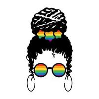 Young beautiful black woman with LGBT colorful glasses and hair decor isolated on white background. Vector flat illustration. Design for banner, poster, greeting card, flyer