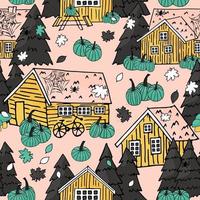 Canadian and scandinavian wooden houses with grass on the roof and christmas trees handwritten seamless repeat pattern with pumpkins, web and spiders on Halloween vector