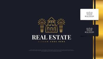 Luxury Gold Real Estate Logo Design with Line Style. Construction, Architecture or Building Logo Design Template vector