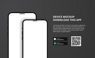 landing page banner advertising for downloading app for mobile phone, 3D double smartphone device mockup dark background. Download buttons with scan qr code template. vector