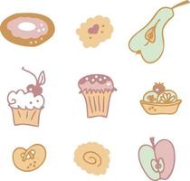 Set of pastries and fruits multicolor icons vector