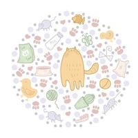 Round pattern of cute kitty, cat care elements and round spots vector