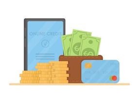 Banking business concept. Online loan confirmation. A phone with a confirmed bank loan on the screen, a stack of money, a credit card and a wallet with dollar bills. Vector illustration in a flat style.