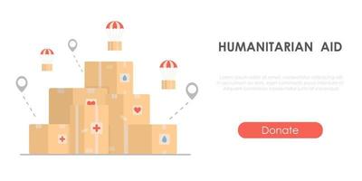 Humanitarian aid - charity concept with cardboard boxes. Banner for collecting help. Concept for world humanitarian day. Isolated flat vector illustration.