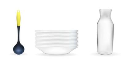 conjunto de modelo 3d realista de un plato blanco profundo, cucharón, frasco de vidrio. ilustración vectorial vector
