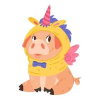 lindo cerdo disfrazado de unicornio con cuerno y alas. vector ilustración de personaje de diseño colorido para imprimir tarjetas postales de felicitación y guardería.