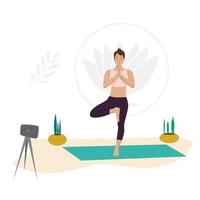 Girl yoga instructor meditates on one leg vector