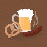 Oktoberfest food. Beer mug, pretzel and bavarian sausage. Oktoberfest meal on wooden background. Vector poster illustration