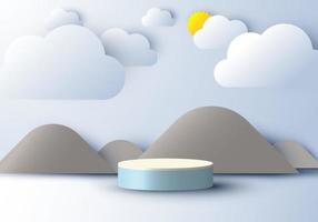 Pantalla de pedestal realista 3d con escena de la naturaleza, nube de montaña y estilo de corte de papel de sol sobre fondo de cielo azul vector