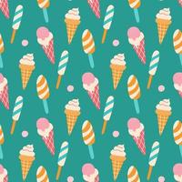 Colorful ice cream on a stick and in a waffle cone with berries on a green background. Vector seamless pattern. Wallpaper, packaging paper design, fabrics