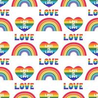 LGBT Pride Month in June. A rainbow with a heart and the inscription love is love. Vector seamless pattern in a flat style on a white background