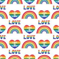 LGBT Pride Month in June. A rainbow with a heart and the inscription love is love. Vector seamless pattern in a flat style on a white background