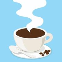 Hot white cup coffee with beans Flat cartoon vector