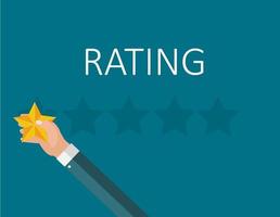 Flat Design Hand with Star Rating.  Evaluation System and Positive Review Sign. Vector Illustration