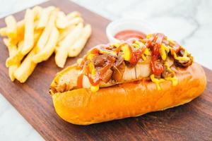 perrito caliente con patatas fritas y salsa de tomate foto