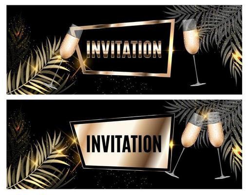 Vintage Luxury Golden Ornate Invitation with Palm Leaf and Glasses of Champagne Template Vector Illutsration