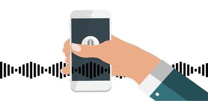 Hand with mobile phone with microphone button and intelligent technologies in flat style.  Personal assistant and voice recognition concept. Vector Illustration