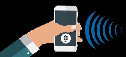 Hand with mobile phone with microphone button and intelligent technologies in flat style.  Personal assistant and voice recognition concept. Vector Illustration