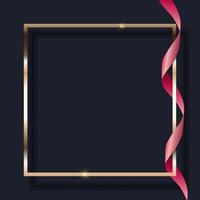 Pink Ribbon and Golden Frame on Dark Background. Vector Illustration