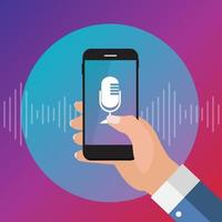 Hand with mobile phone with microphone button and intelligent technologies in flat style.  Personal assistant and voice recognition concept. Vector Illustration