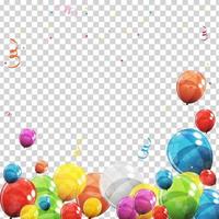 Globos de colores brillantes y confeti en la ilustración de vector de fondo transparente marcada