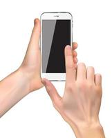 Realistic Hand holding a mobile phone isolated on white background. Vector Illustration