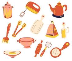 set de accesorios de cocina. menaje y utensilios de cocina. batidora de mano, rallador, batidor, tabla de cortar, latas, colador, hervidor de agua. para la plantilla de tarjeta de receta moderna para libro de cocina. vector ilustración plana.