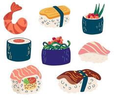 Set of different sushi and rolls. Sushi with tuna, salmon, eel, shrimp, vegetables. Traditional fresh raw food. Perfect for magazine, kitchen textile, menu cover, web pages. Vector flat illustration.