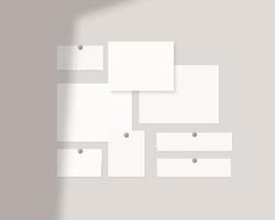 Mood board mockup template. Empty sheets of white paper on the wall with shadow overlay. Mockup vector isolated. Template design. Realistic vector illustration.