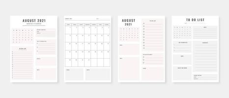 August 2021 - Planner. Modern planner template set. Set of planner and to do list. Monthly, weekly, daily planner template. Vector illustration.