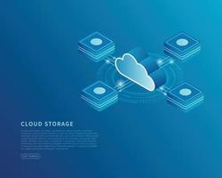 Cloud storage concept in isometric vector illustration. Digital service or app with data transfering. Digital server, database and cloud computing service. Vector illustration.