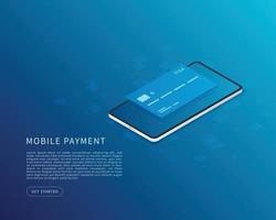 Mobile payment concept in flat isometric vector illustration. Online banking application with smartphone and credit card. Vector illustration.