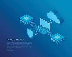 Cloud storage concept in isometric vector illustration. Digital service or app with data transfering. Digital server, database and cloud computing service. Vector illustration.