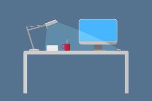 Computer desk at night with light on. Workplace Desktop background. Flat Vector illustration