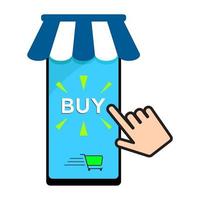 Mobile Online Store concept. Smartphone with buy button and hand ready to push. Buy online shop market. Vector illustration