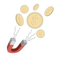 Magnet attracting US dollar coins. Attracting money concept. Vector illustration