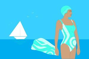 Woman in a swimsuit on the beach and sea at background. Vector illustration