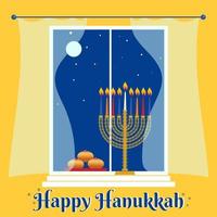 Feliz tarjeta de felicitación de Hanukkah con menorá tradicional de Hanukkah, velas, donas, ventana de la casa y cielo nocturno vector