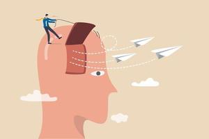 Business support to launch new startup idea, entrepreneurship to start new business, support to free your mind for creative ideas, businessman open his head window to launch paper airplane origami. vector