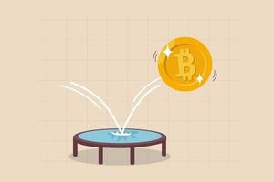 Bitcoin price rebound, crypto currency bounce back to rising up after falling down concept, golden bitcoin bounce back on the trampoline rising up on price graph. vector