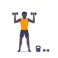 Man training shoulders, workout with dumbbells vector