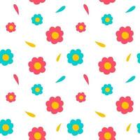 Simple floral seamless pattern with red and blue flowers on a white background. Vector endless texture for summer kids design in cartoon style