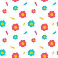 Simple floral seamless pattern with red and blue flowers on a white background. Vector endless texture for summer kids design in cartoon style